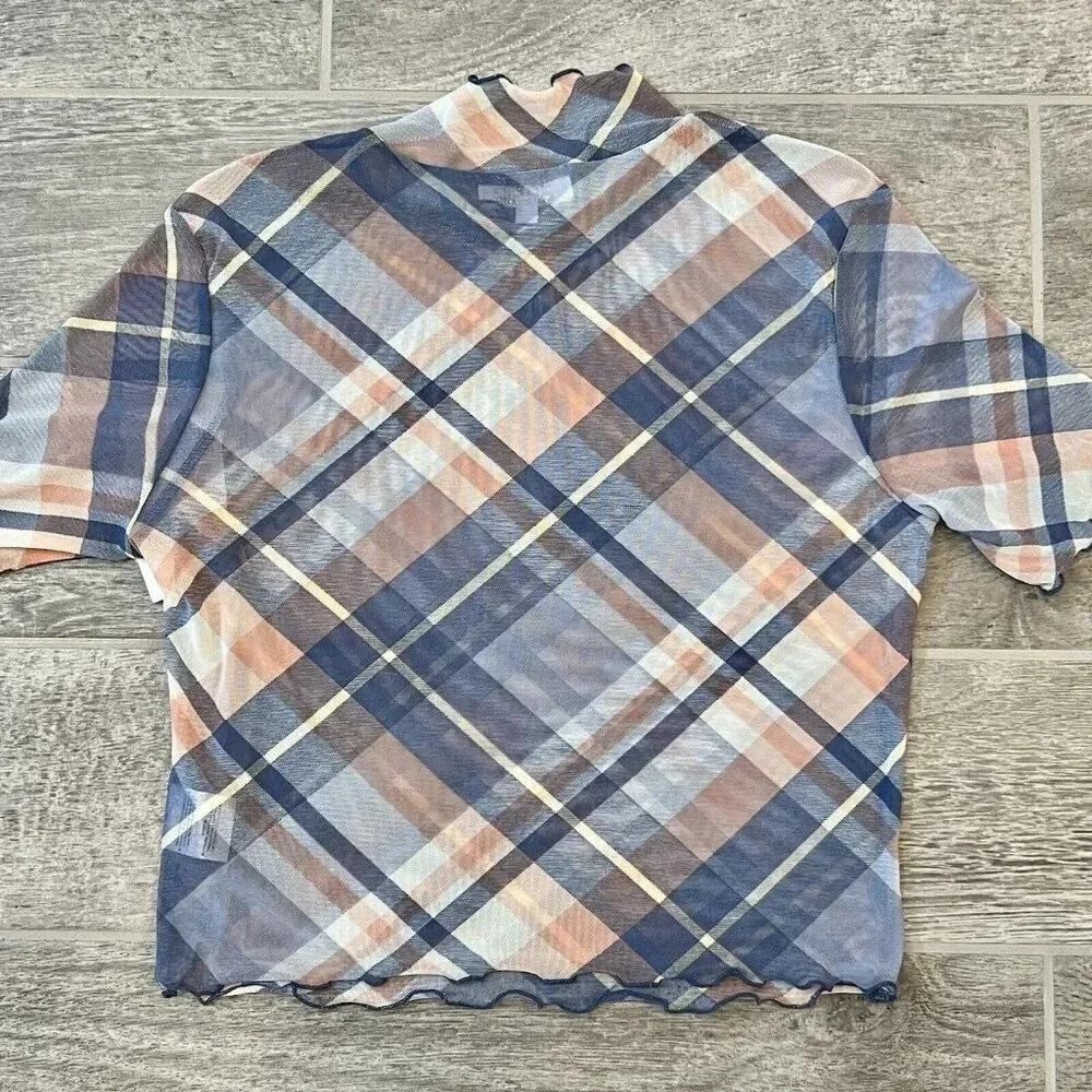 Love & Piece Sheer Cropped Top Size XL Plaid Blue Pink White Stretch NWT - Picture 2 of 9